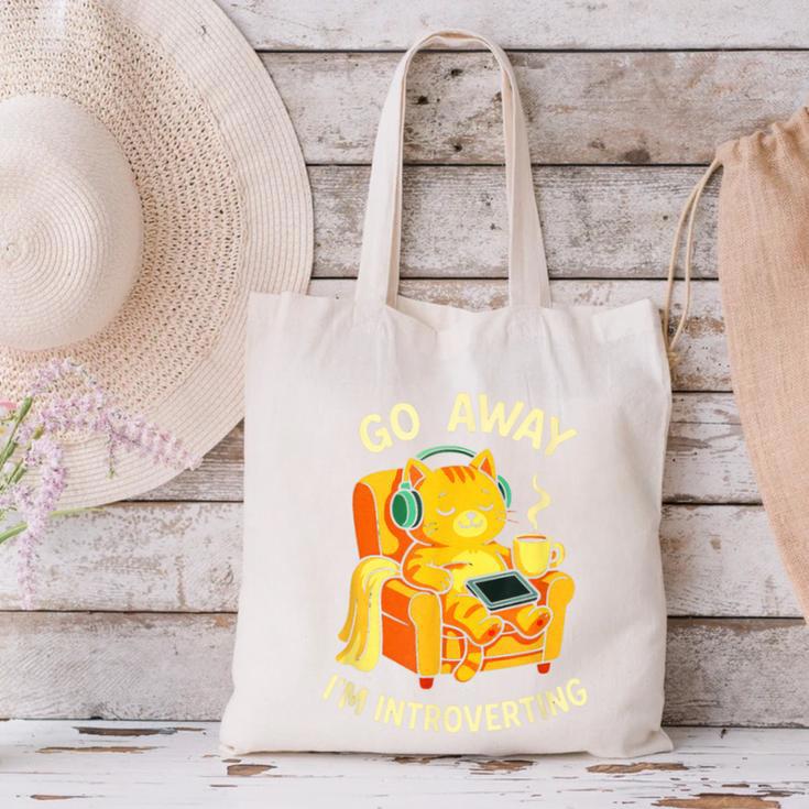 Go Away I'm Introverting Cat Coffee Headphones Canvas Tote Bag