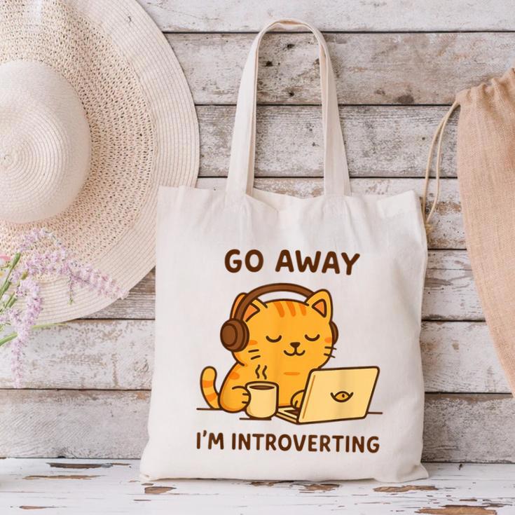 Go Away I'm Introverting Cozy Cat With Laptop And Coffee Canvas Tote Bag Go Away I'm Introverting Cozy Cat With Laptop And Coffee Canvas Tote Bag