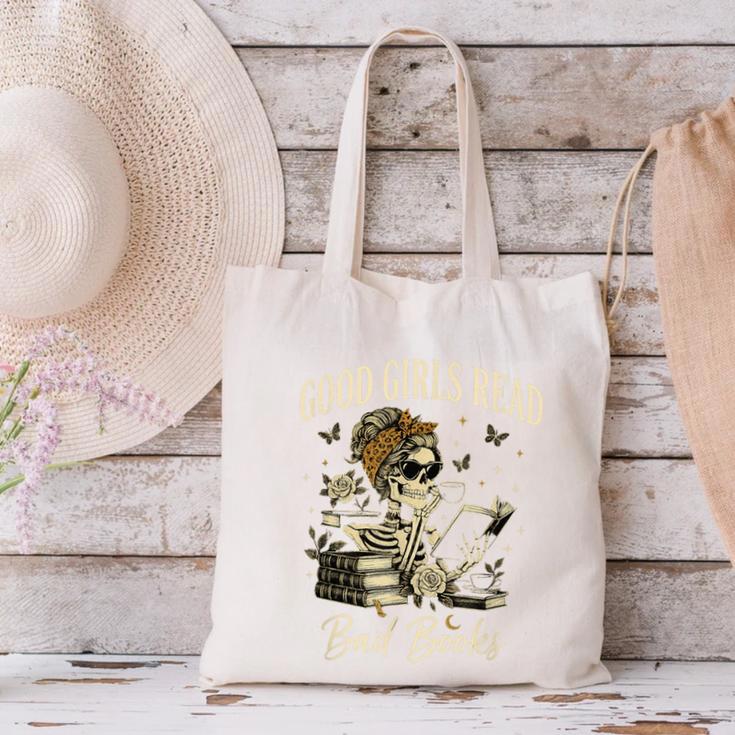 Good Girls Read Bad Books Vintage Skeleton Reader Canvas Tote Bag