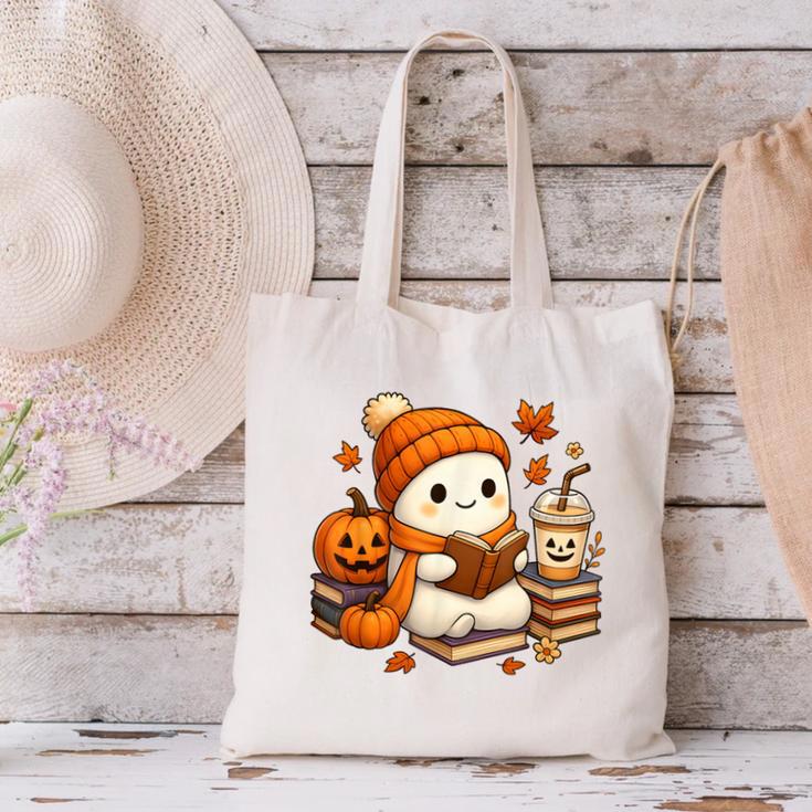Halloween Ghost Reading Book Lovers Coffee Girl Women Canvas Tote Bag