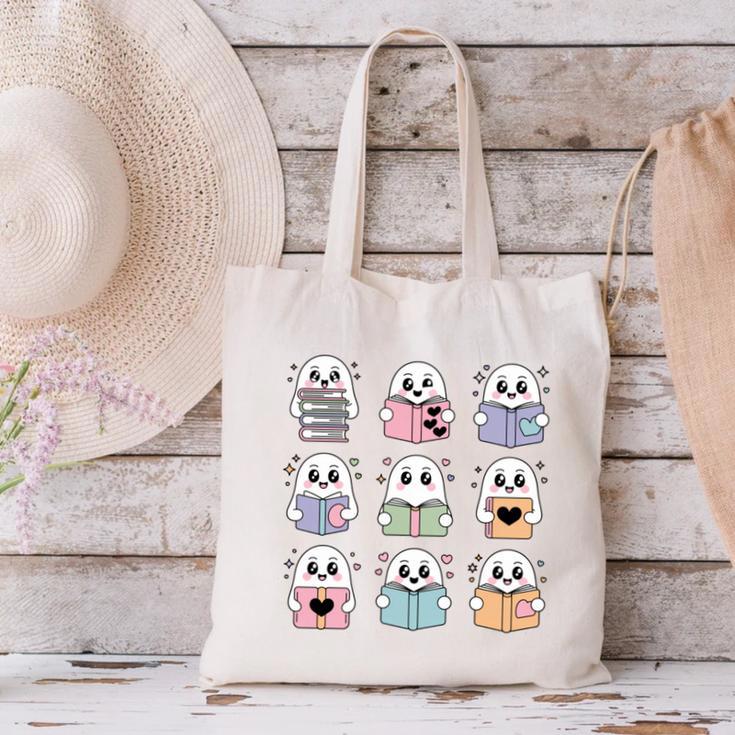 Halloween Ghosts Reading Books Pattern Spooky Kawaii Anime Canvas Tote Bag