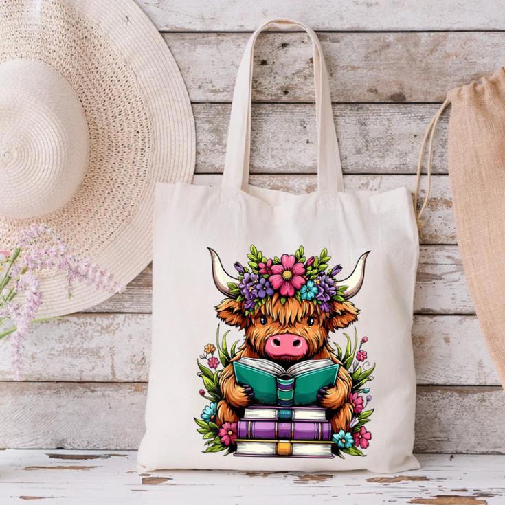 Highland Cow Book Floral Bookworm Canvas Tote Bag