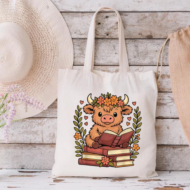 Highland Cow Reading Book Graphic Cow With Book Floral Canvas Tote Bag