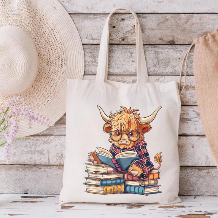 Highland Cow Reading Book Librarian Library Canvas Tote Bag