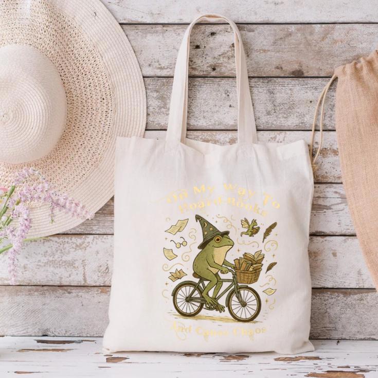 On My Way To Hoard Books And Cause Chaos Tom Foolery Frog Canvas Tote Bag