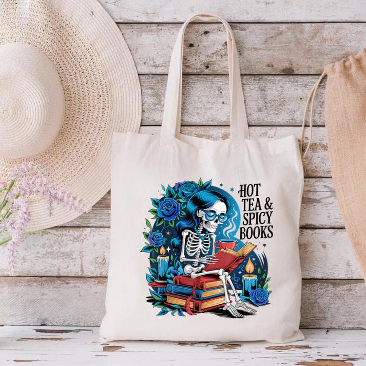 Hot Tea & Spicy Books Skeleton Reader Canvas Tote Bag