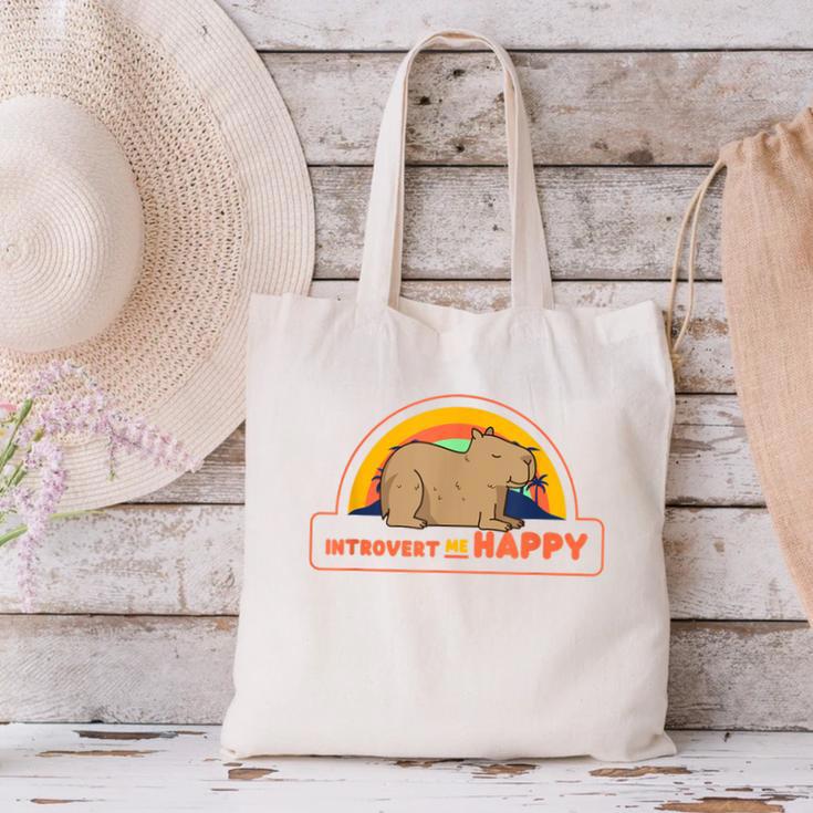 Introvert Me Happy Retro Sunset Capybara Tee Canvas Tote Bag