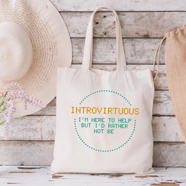 Introvirtuous Retro Pixel Funny Introvert Quote Canvas Tote Bag