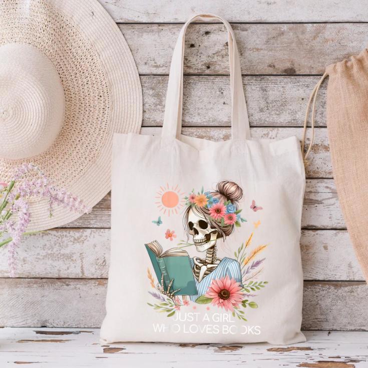Just A Girl Who Loves Books Messy Bun Book Skeleton Bookworm Canvas Tote Bag Just A Girl Who Loves Books Messy Bun Book Skeleton Bookworm Canvas Tote Bag