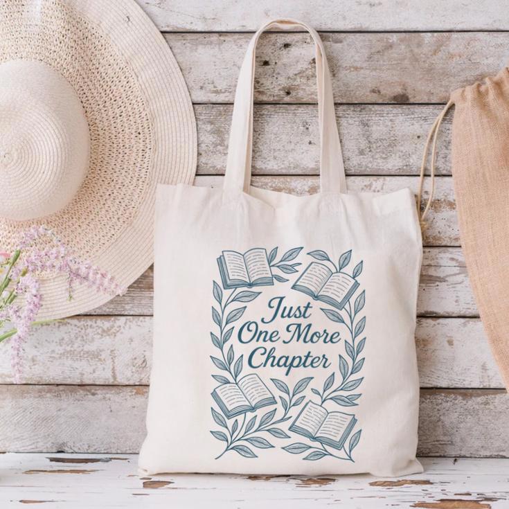 Just One More Chapter Blue Book Lover Reading Quote Canvas Tote Bag