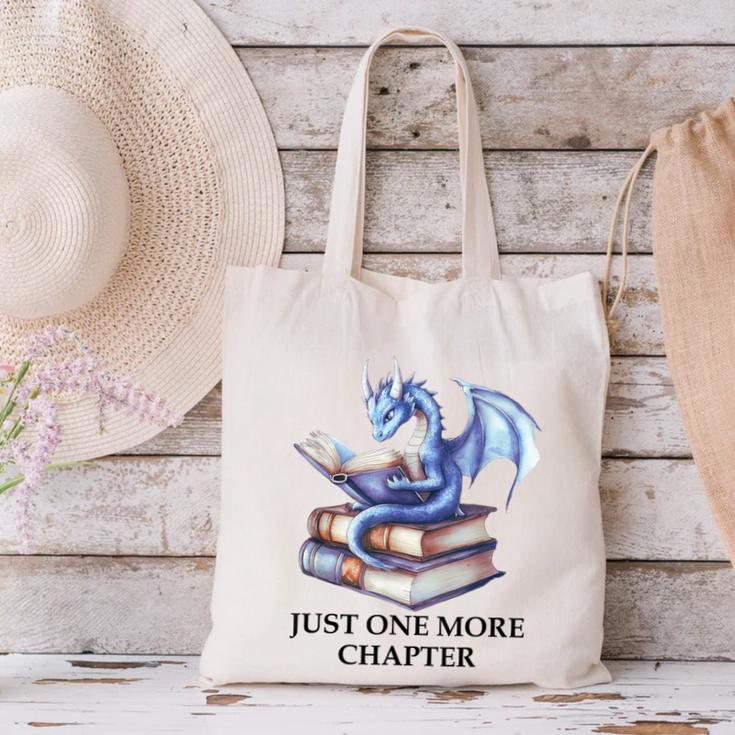 Just One More Chapter Book Dragon Reading Book Lover Bookish Canvas Tote Bag