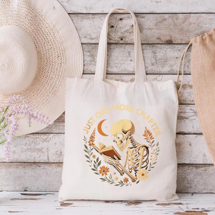 Just One More Chapter Book Lover Bookish Reading Skeleton Canvas Tote Bag