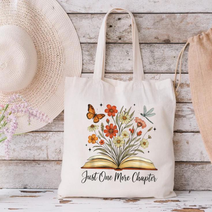Just One More Chapter Open Book Flowers Canvas Tote Bag