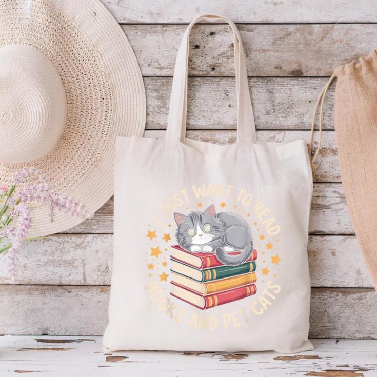 I Just Want To Read Books And Pet Cats Cat And Book Canvas Tote Bag