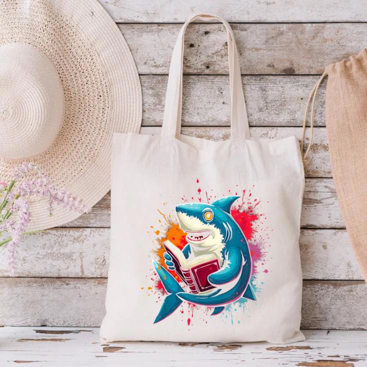 Kawaii Shark Reads Book Reading Library Book Bookworm Canvas Tote Bag