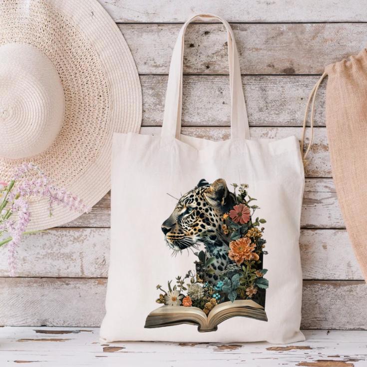 Leopard Book Flower Canvas Tote Bag