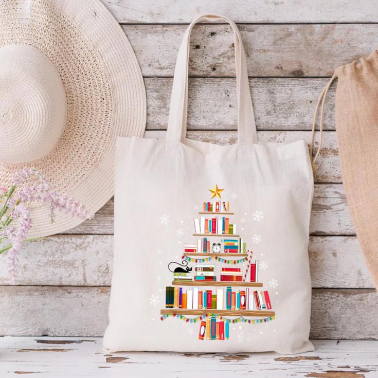 Library Books Christmas Tree Teacher Xmas Snowflake Canvas Tote Bag