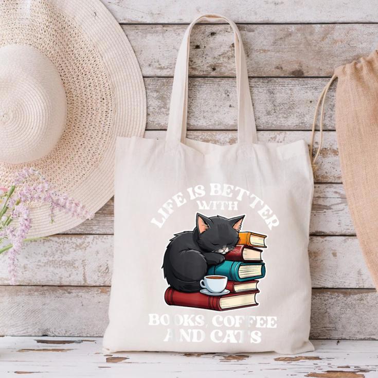 Life Is Better With Books Cats & Coffee Librarian Book Lover Canvas Tote Bag