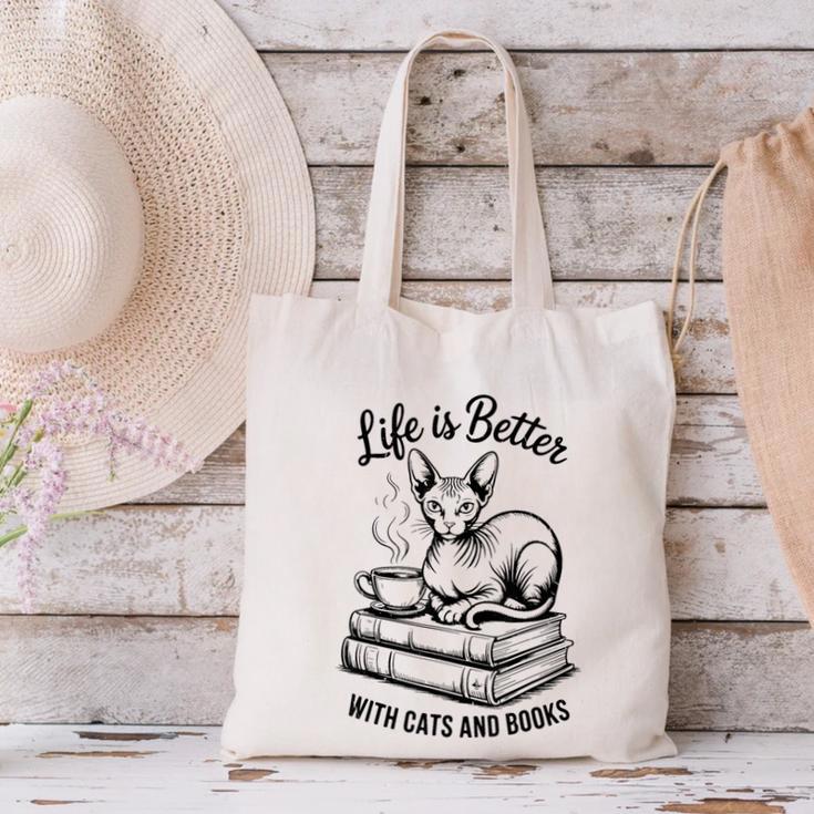 Life Is Better With Cats & Books Sphynx Cat Mom Women Canvas Tote Bag