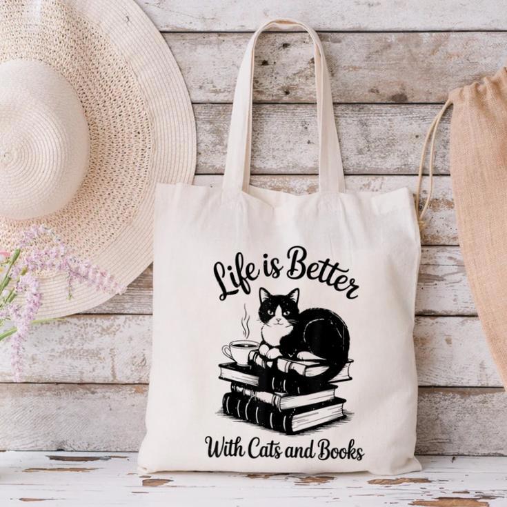 Life Is Better With Cats & Books Tuxedo Cat Mom Women Canvas Tote Bag