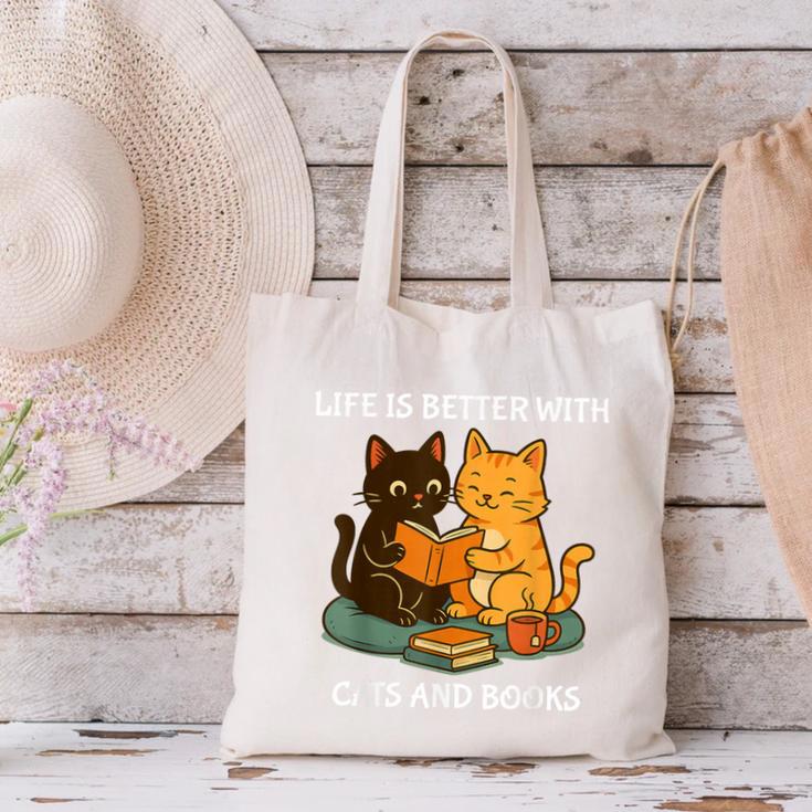 Life Is Better With Cats And Books Cute Cat Lover Canvas Tote Bag Life Is Better With Cats And Books Cute Cat Lover Canvas Tote Bag