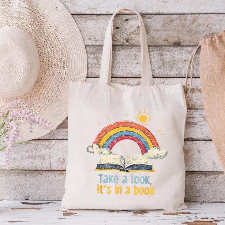 Take a Look It's In a Book Vintage Reading Teacher Rainbow Canvas Tote Bag Take a Look It's In a Book Vintage Reading Teacher Rainbow Canvas Tote Bag