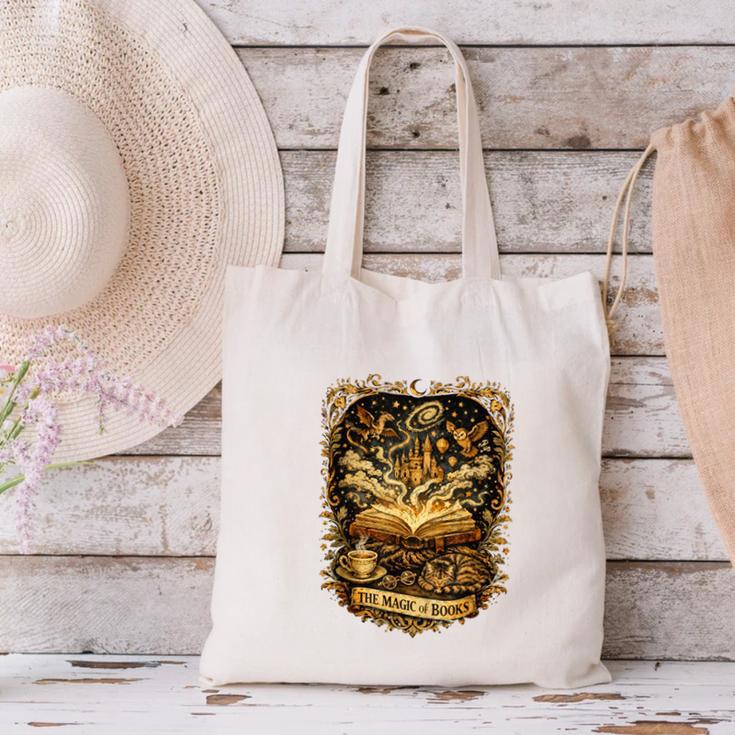 The Magic Of Books Vintage Style Reading Lover Cat & Tea Canvas Tote Bag The Magic Of Books Vintage Style Reading Lover Cat & Tea Canvas Tote Bag