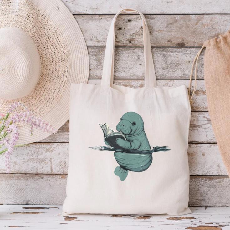 Manatee Reading Book Bookworm Manatees Ocean Animal Lover Canvas Tote Bag