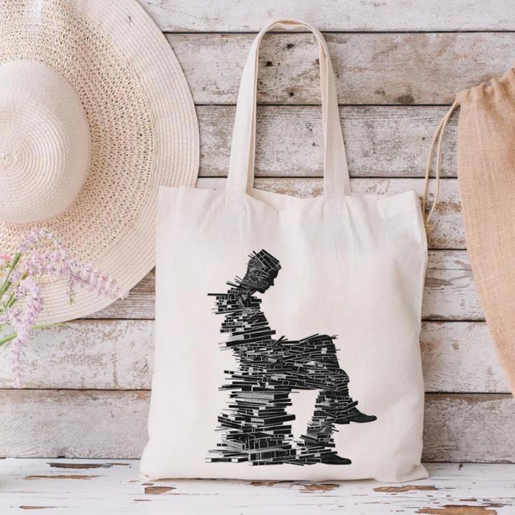 Men Pixel Art Geometric Book Human Drawing Graphic Men Canvas Tote Bag