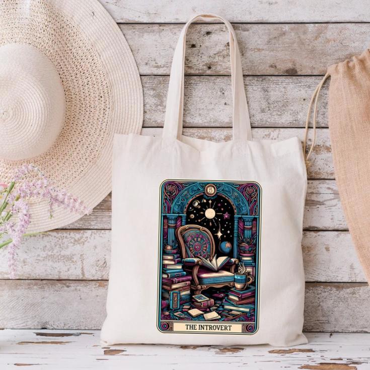 Mystical Library Book Reader The Introvert Tarot Card Canvas Tote Bag Mystical Library Book Reader The Introvert Tarot Card Canvas Tote Bag