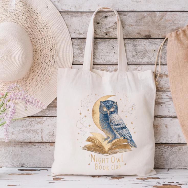 Night Owl Book Club Crescent Moon Late Night Reading Canvas Tote Bag Night Owl Book Club Crescent Moon Late Night Reading Canvas Tote Bag