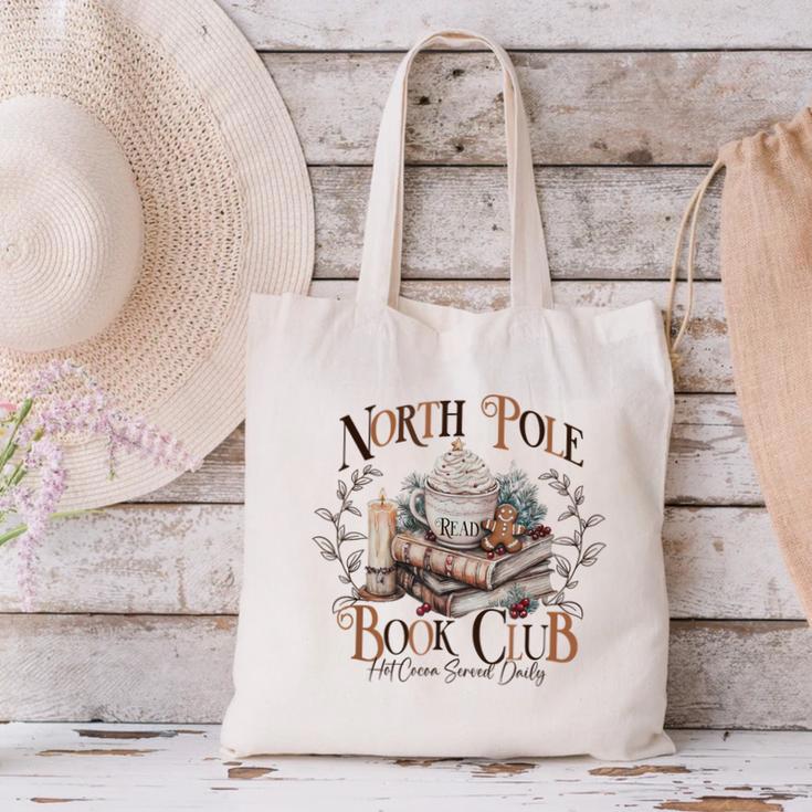 North Pole Book-Club Hot Cocoa Served Daily Christmas Book Canvas Tote Bag