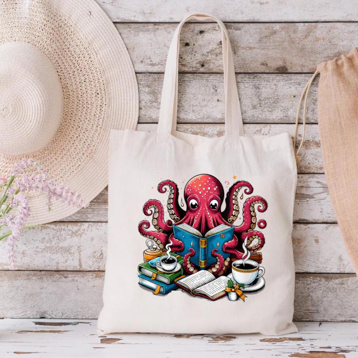 Octopus Reading Book Coffee Lover Bookaholic Bookworm Reader Canvas Tote Bag Octopus Reading Book Coffee Lover Bookaholic Bookworm Reader Canvas Tote Bag