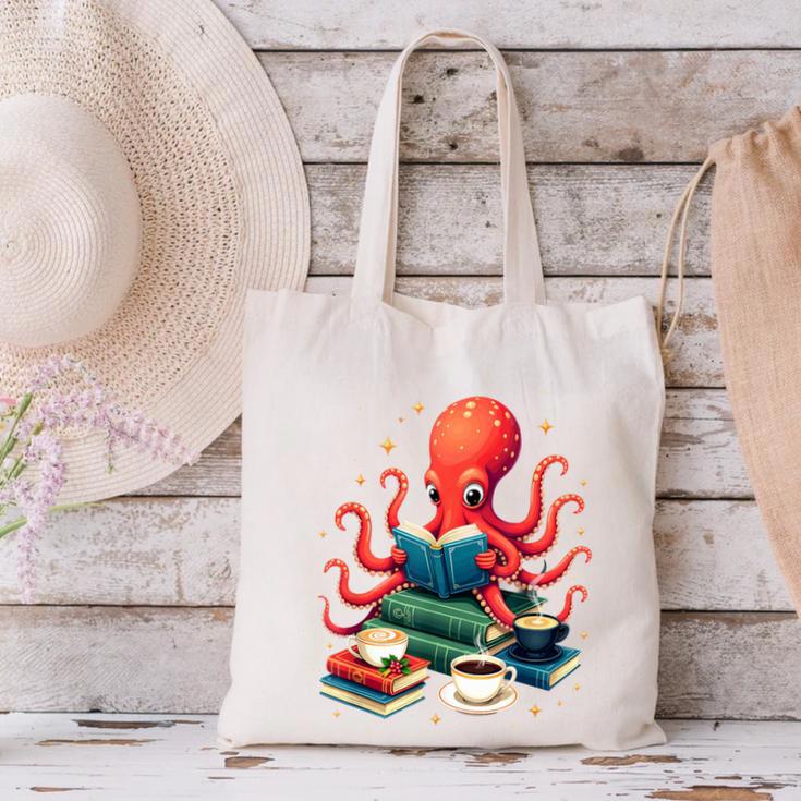 Octopus Reading Books Tea Coffee Canvas Tote Bag