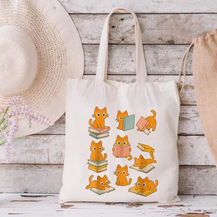 Orange Cats Reading Books Cat Lover Canvas Tote Bag