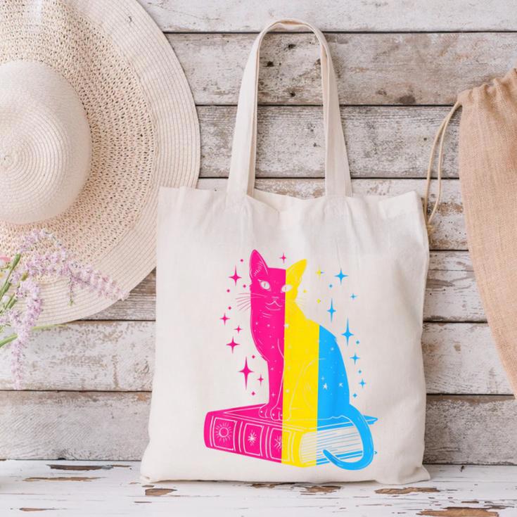 Pansexual Pride Celestial Cat Sitting Book LGBTQ Pan Colors Men Women Canvas Tote Bag