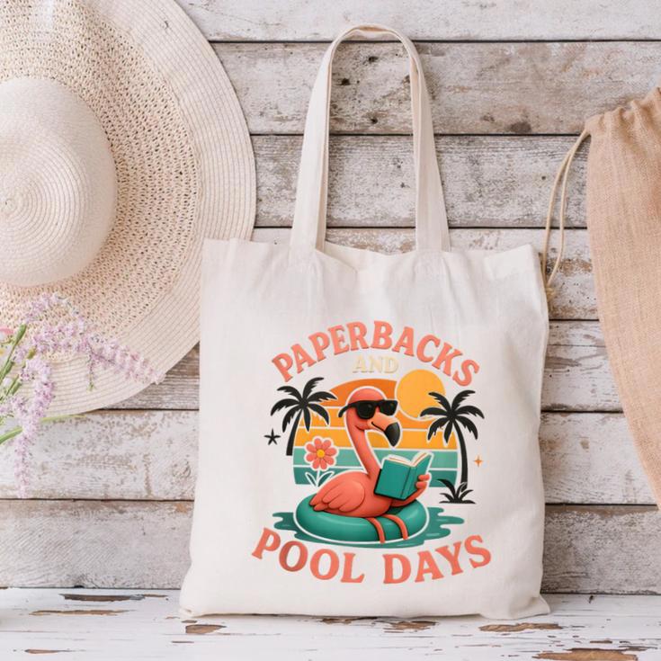 Paperbacks And Pool Days Flamingo Reading Summer Vibes Books Canvas Tote Bag Paperbacks And Pool Days Flamingo Reading Summer Vibes Books Canvas Tote Bag