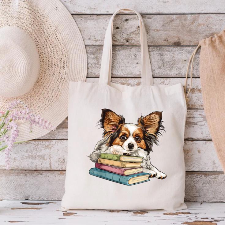 Papillon Books Reading Dog Breed Graphic For Men Women Kids Canvas Tote Bag Papillon Books Reading Dog Breed Graphic For Men Women Kids Canvas Tote Bag