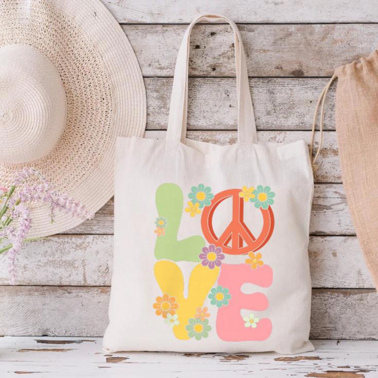 Peace Sign Love Groovy Vibes Costume Nostalgia 1980s Fashion Canvas Tote Bag