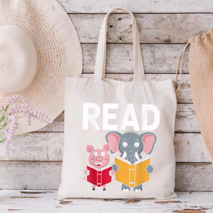 Pig Elephant Reading Cute Book Lover Bookworm Boys Girls Kid Canvas Tote Bag
