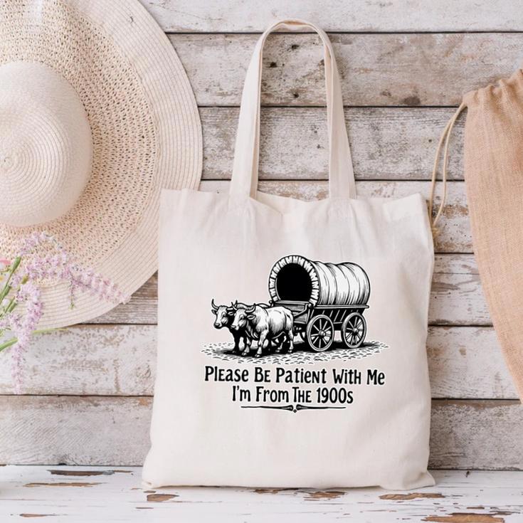 Please Be Patient With Me I'm From The 1900s Oxen And Wagon Premium Canvas Tote Bag