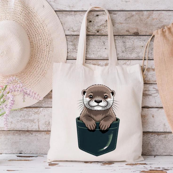 Pocket Otter Lover Introvert Cute Animal Fun Surprise Canvas Tote Bag Pocket Otter Lover Introvert Cute Animal Fun Surprise Canvas Tote Bag
