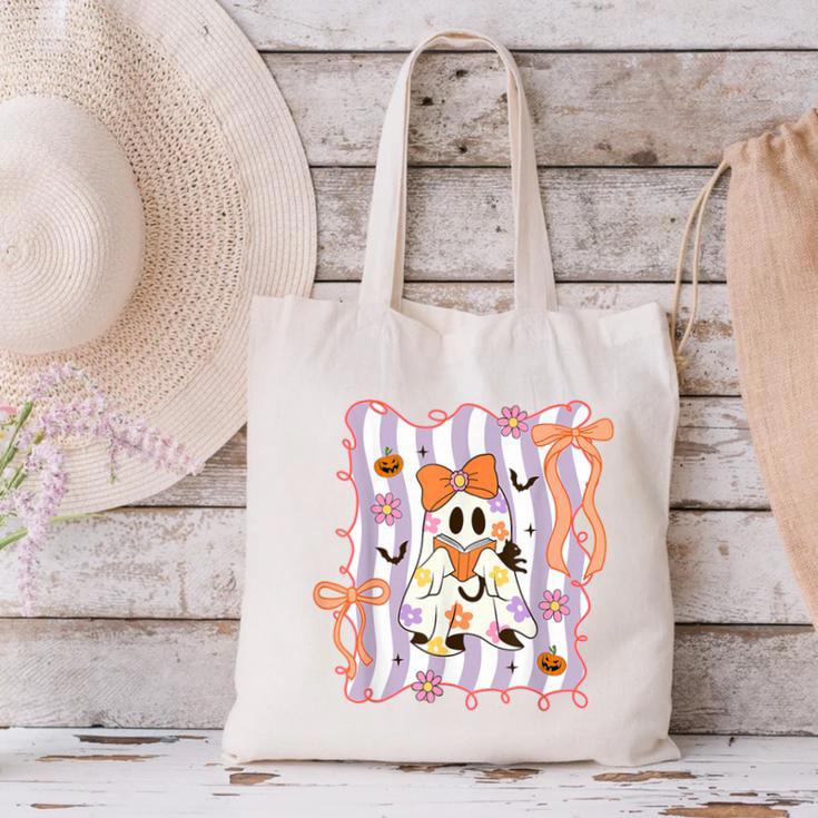 Preppy Coquette Bow Ghost Reading Books Halloween Book Canvas Tote Bag Preppy Coquette Bow Ghost Reading Books Halloween Book Canvas Tote Bag