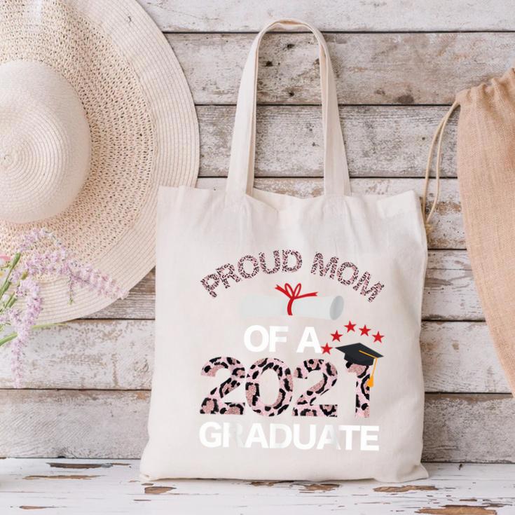 Proud Mom Of A 2021 Graduate Leopard Print Graduation Mama Canvas Tote Bag