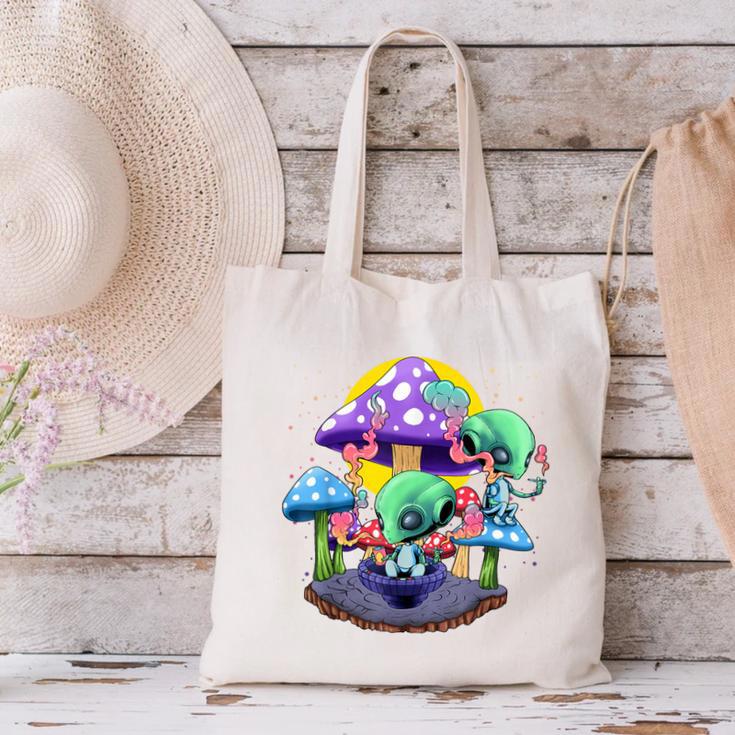 Psychedelic Alien Mushroom Nostalgia Groovy Vibe Hippie Canvas Tote Bag