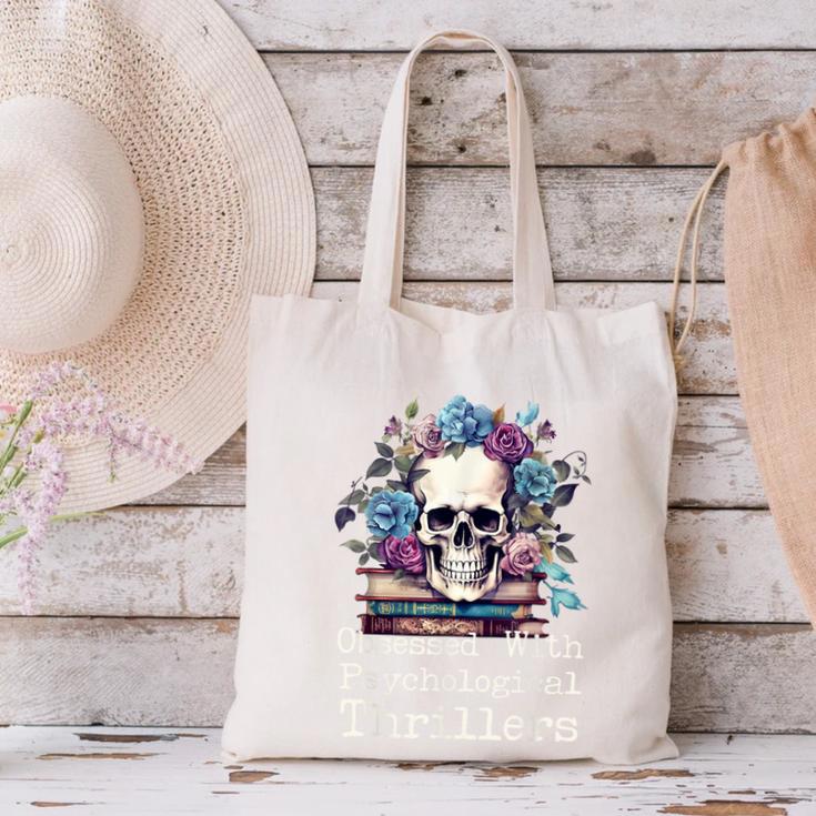 Psychological Thriller Reader Fan Skull Flowers Books Canvas Tote Bag