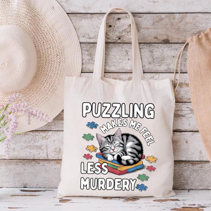 Puzzling Makes Me Feel Less Murdery Introvert Puzzle Cat Canvas Tote Bag