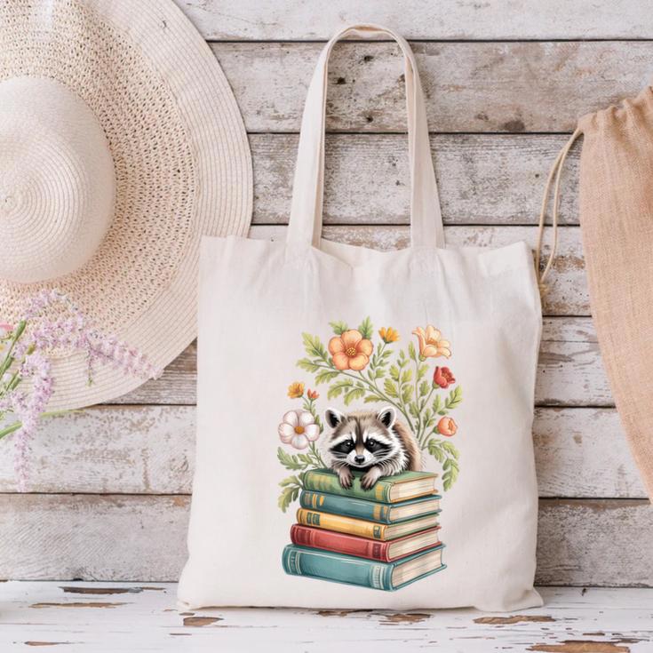 Raccoon Books Reading Flowers Canvas Tote Bag