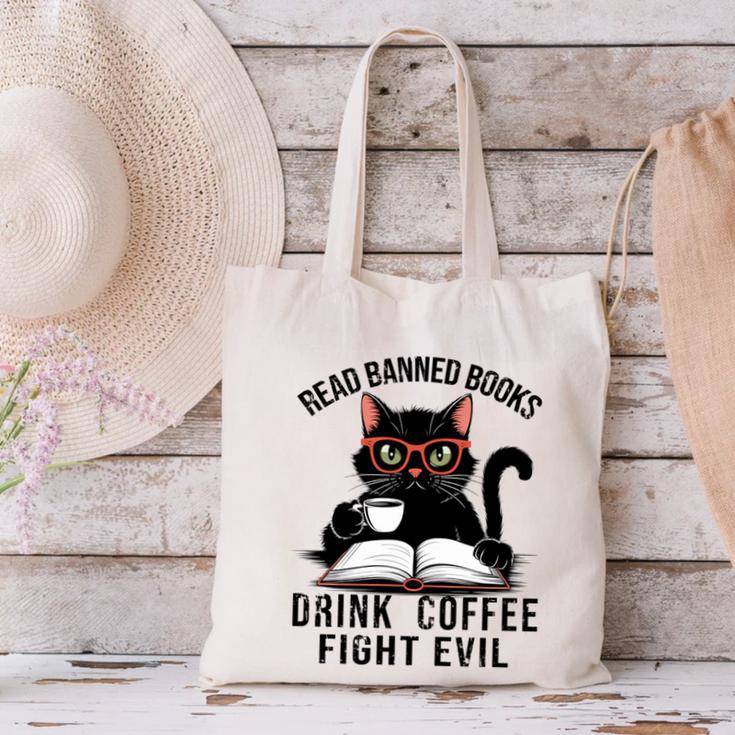 Read Banned Books Drink Coffee Fight Evil Retro Cat Canvas Tote Bag Read Banned Books Drink Coffee Fight Evil Retro Cat Canvas Tote Bag
