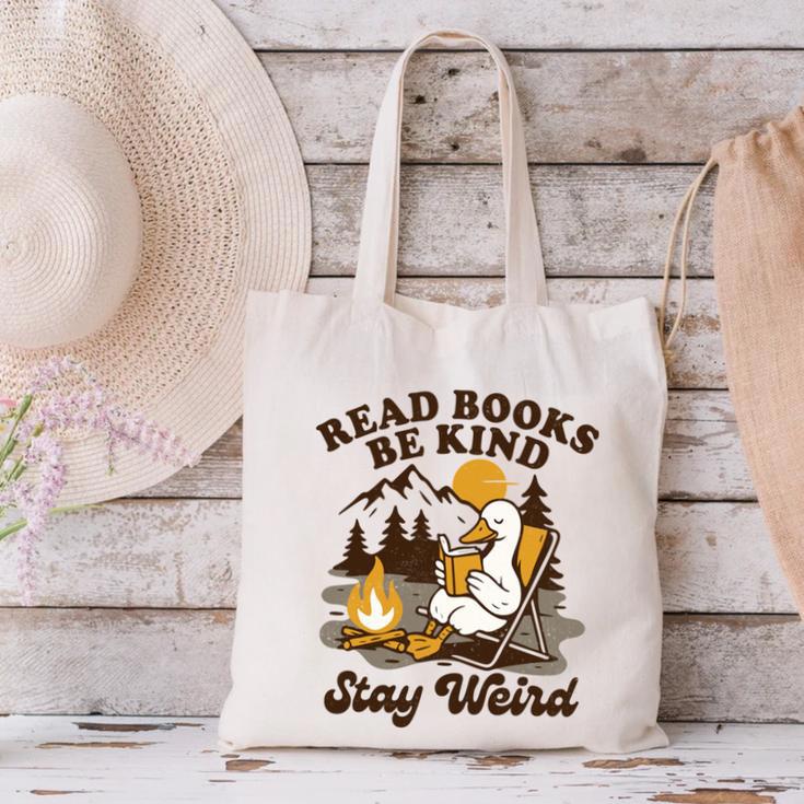 Read Books Be Kind Stay Weird Bookish Silly Goose Reading Canvas Tote Bag